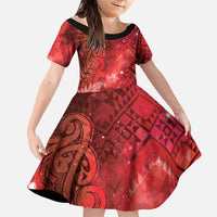 Aotearoa Taniko Matariki Family Matching Off The Shoulder Long Sleeve Dress and Hawaiian Shirt Cosmic Red LT7 Daughter's Dress Red - Polynesian Pride