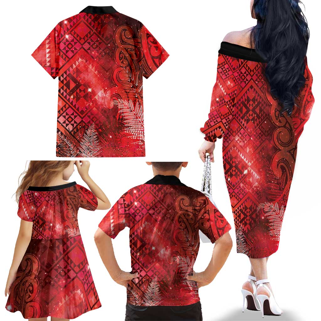 Aotearoa Taniko Matariki Family Matching Off The Shoulder Long Sleeve Dress and Hawaiian Shirt Cosmic Red LT7 - Polynesian Pride