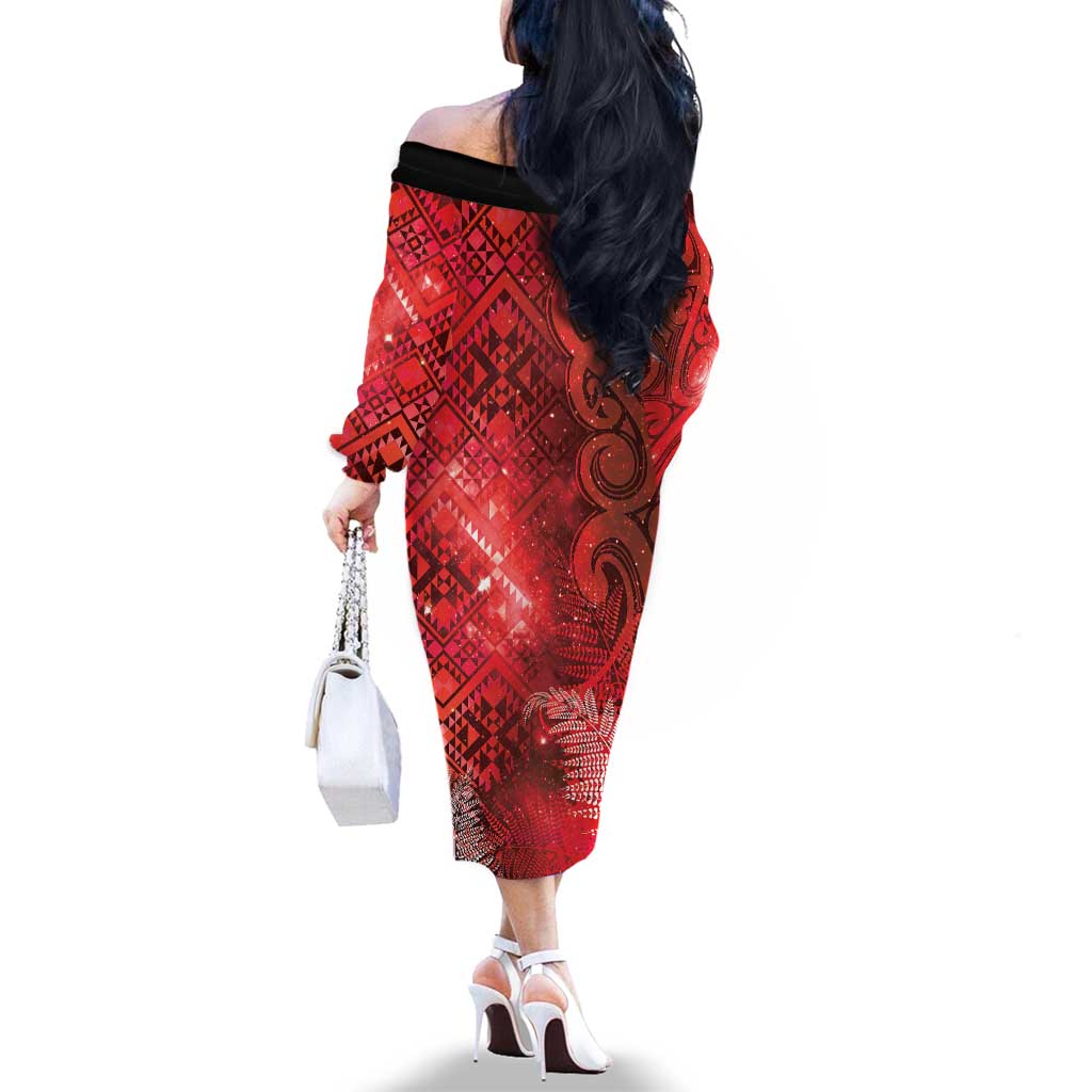 Aotearoa Taniko Matariki Family Matching Off The Shoulder Long Sleeve Dress and Hawaiian Shirt Cosmic Red LT7 - Polynesian Pride