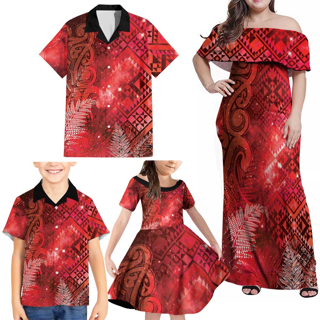 Aotearoa Taniko Matariki Family Matching Off Shoulder Maxi Dress and Hawaiian Shirt Cosmic Red