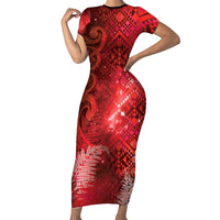 Aotearoa Taniko Matariki Family Matching Short Sleeve Bodycon Dress and Hawaiian Shirt Cosmic Red LT7 Mom's Dress Red - Polynesian Pride