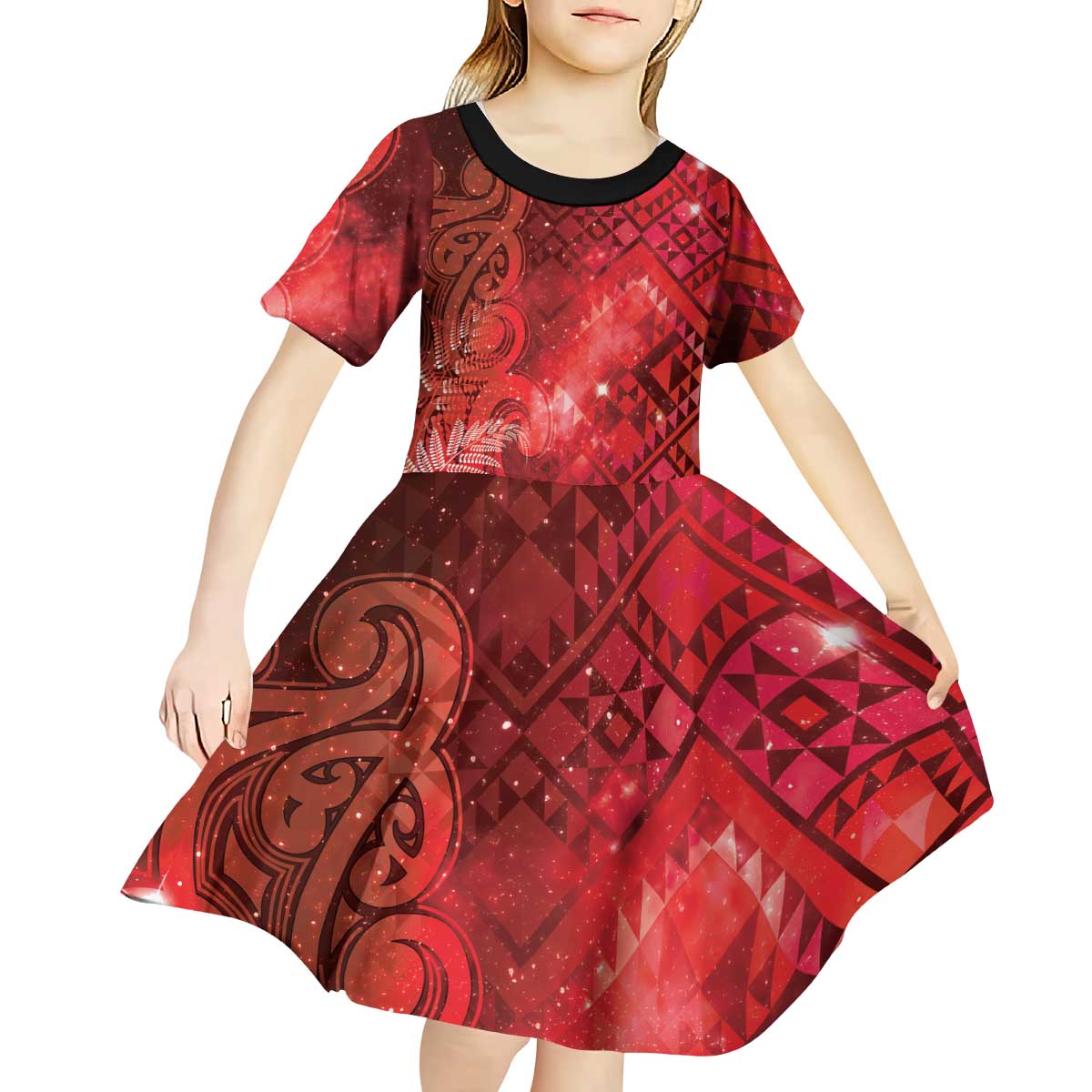 Aotearoa Taniko Matariki Kid Short Sleeve Dress Cosmic Red