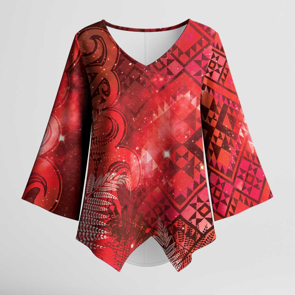 Aotearoa Taniko Matariki Kimono Sleeve Blouse Cosmic Red