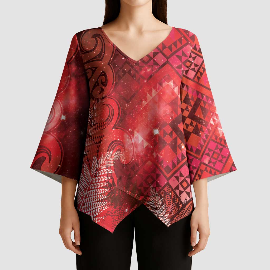 Aotearoa Taniko Matariki Kimono Sleeve Blouse Cosmic Red