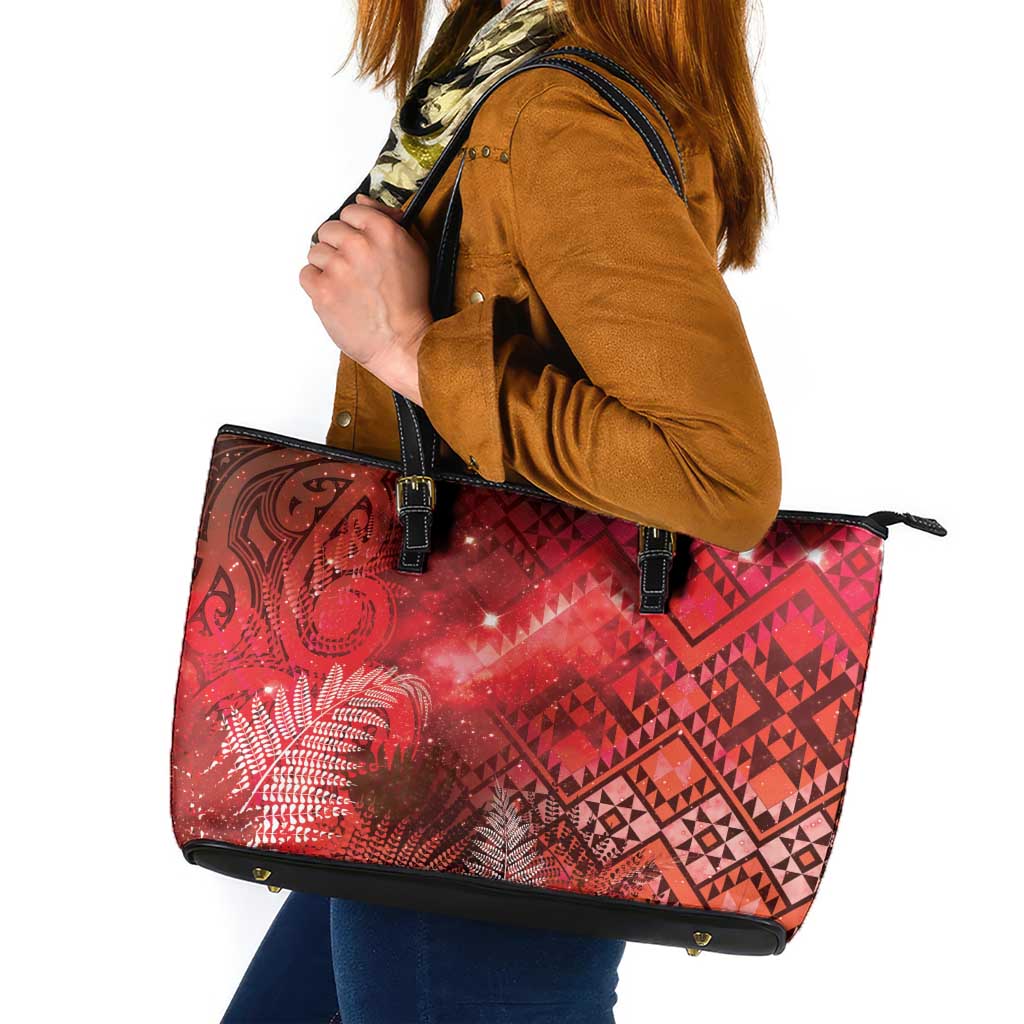 Aotearoa Taniko Matariki Leather Tote Bag Cosmic Red