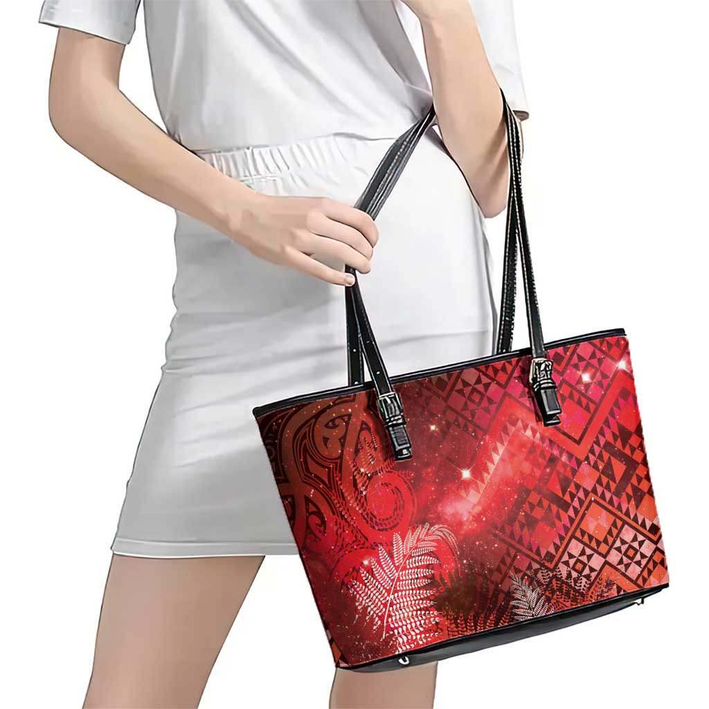 Aotearoa Taniko Matariki Leather Tote Bag Cosmic Red