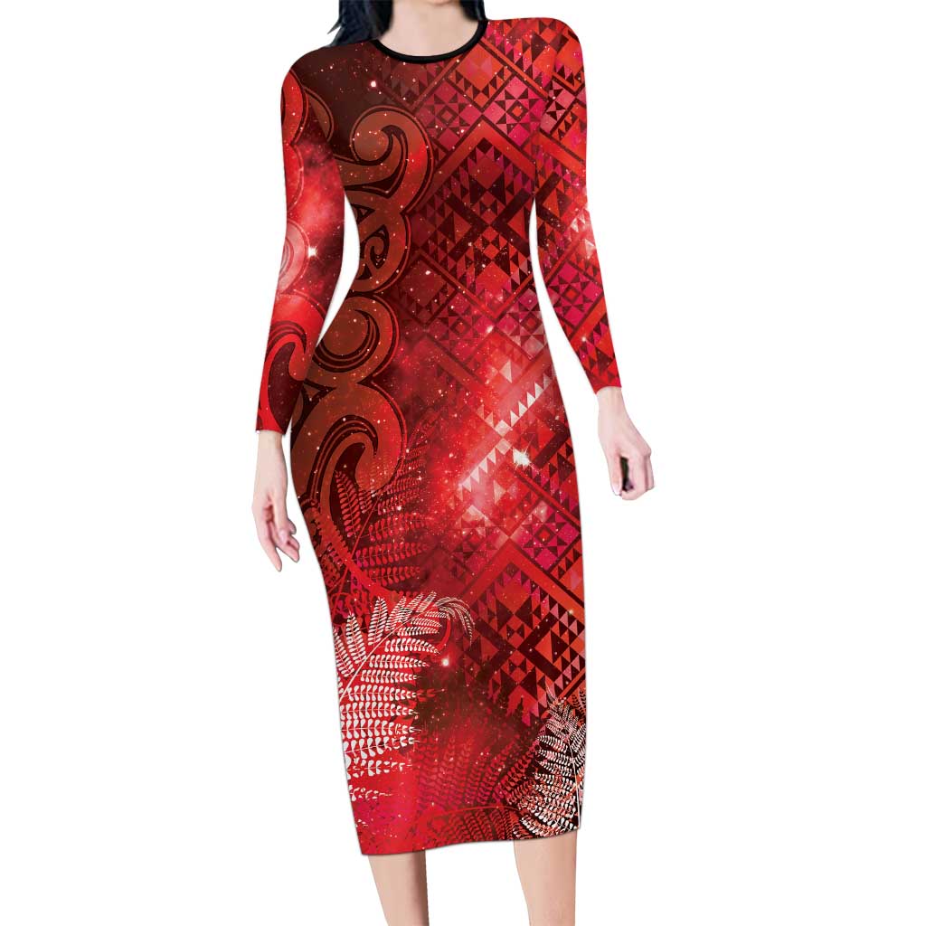 Aotearoa Taniko Matariki Long Sleeve Bodycon Dress Cosmic Red