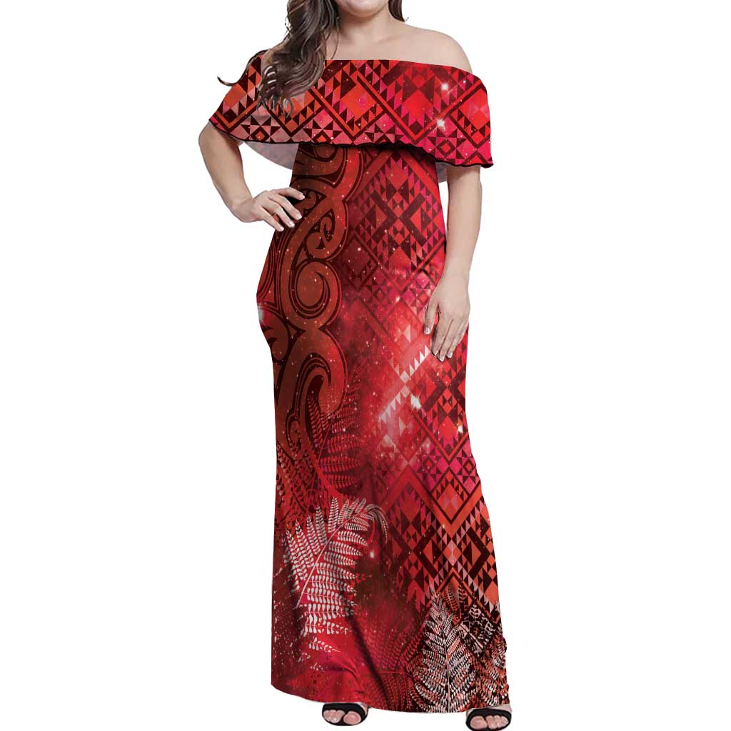 Aotearoa Taniko Matariki Off Shoulder Maxi Dress Cosmic Red