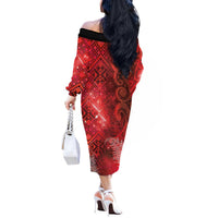 Aotearoa Taniko Matariki Off The Shoulder Long Sleeve Dress Cosmic Red