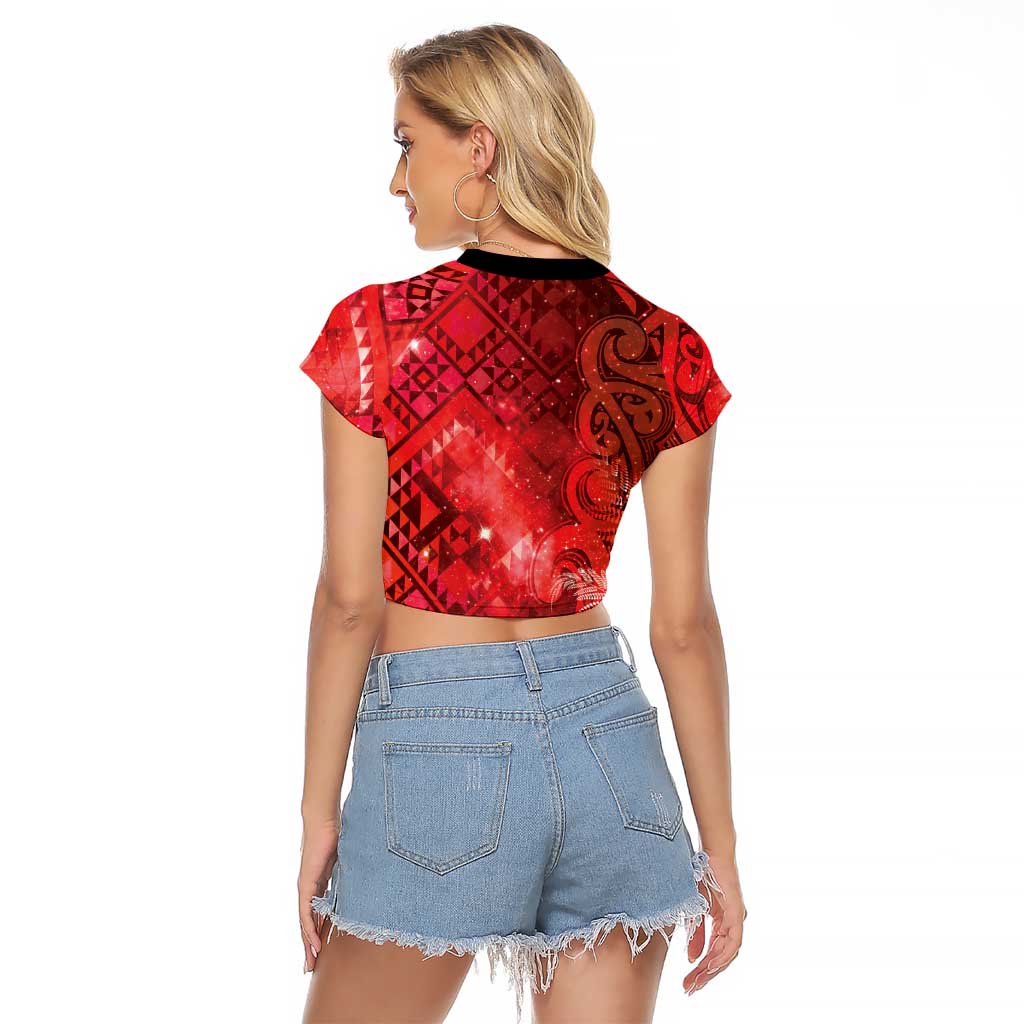Aotearoa Taniko Matariki Raglan Cropped T Shirt Cosmic Red
