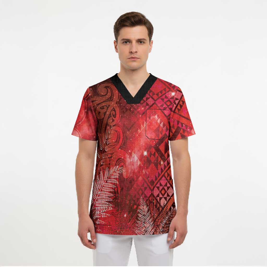 Aotearoa Taniko Matariki Scrub Top Cosmic Red