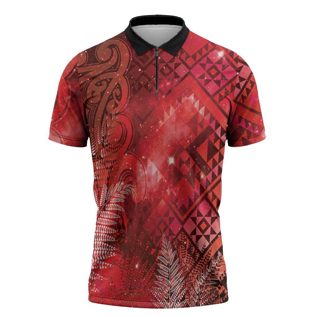 Aotearoa Taniko Matariki Zipper Polo Shirt Cosmic Red