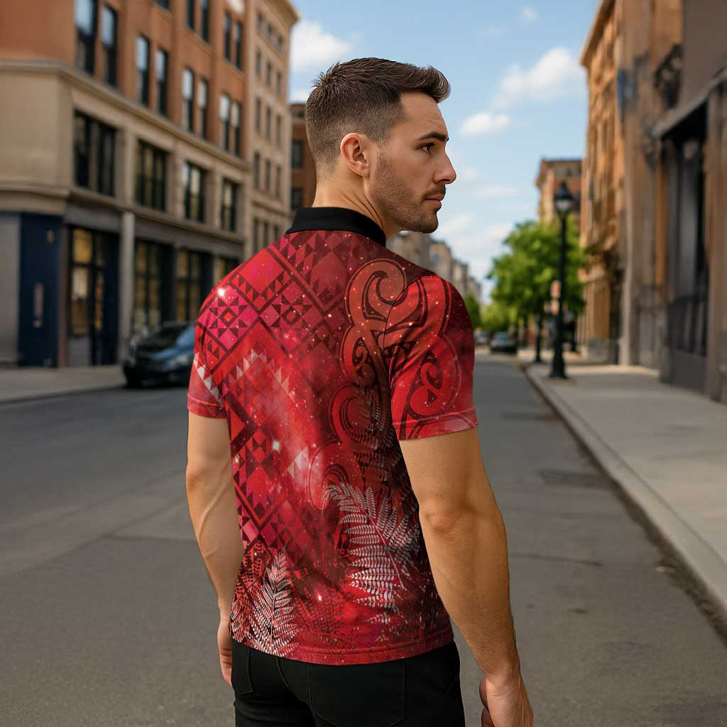Aotearoa Taniko Matariki Zipper Polo Shirt Cosmic Red