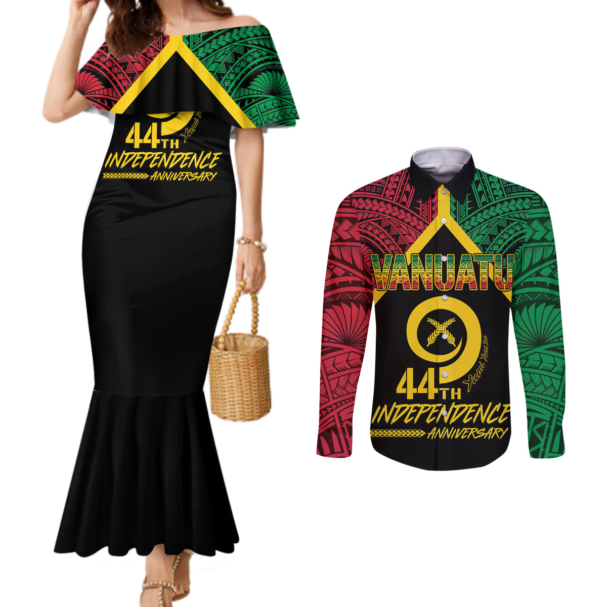 Vanuatu 44th Independence Anniversary Couples Matching Mermaid Dress and Long Sleeve Button Shirt