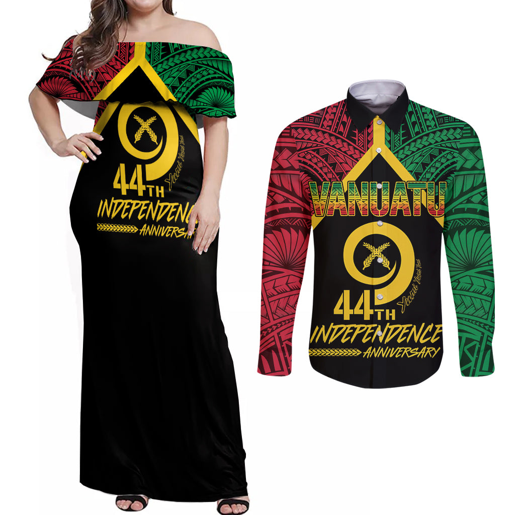 Vanuatu 44th Independence Anniversary Couples Matching Off Shoulder Maxi Dress and Long Sleeve Button Shirt