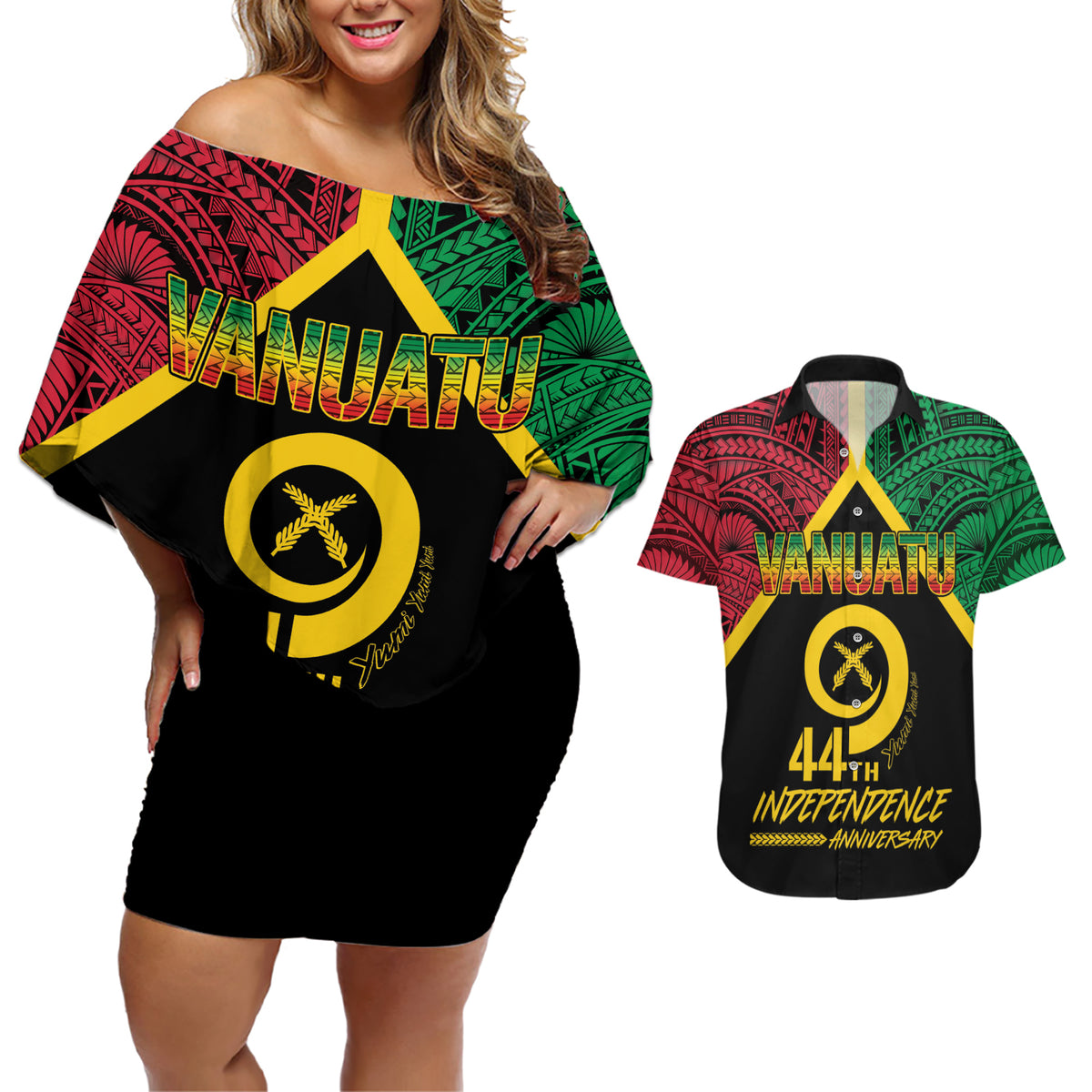 Vanuatu 44th Independence Anniversary Couples Matching Off Shoulder Short Dress and Hawaiian Shirt