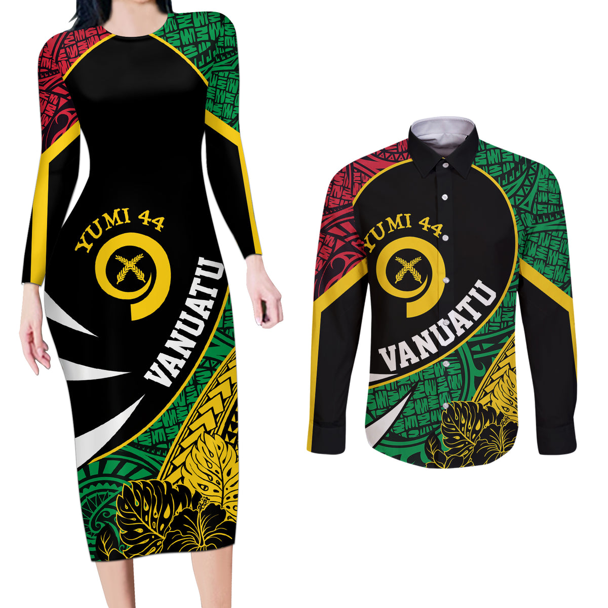 Vanuatu Independence Day Yumi 44 Couples Matching Long Sleeve Bodycon Dress and Long Sleeve Button Shirt