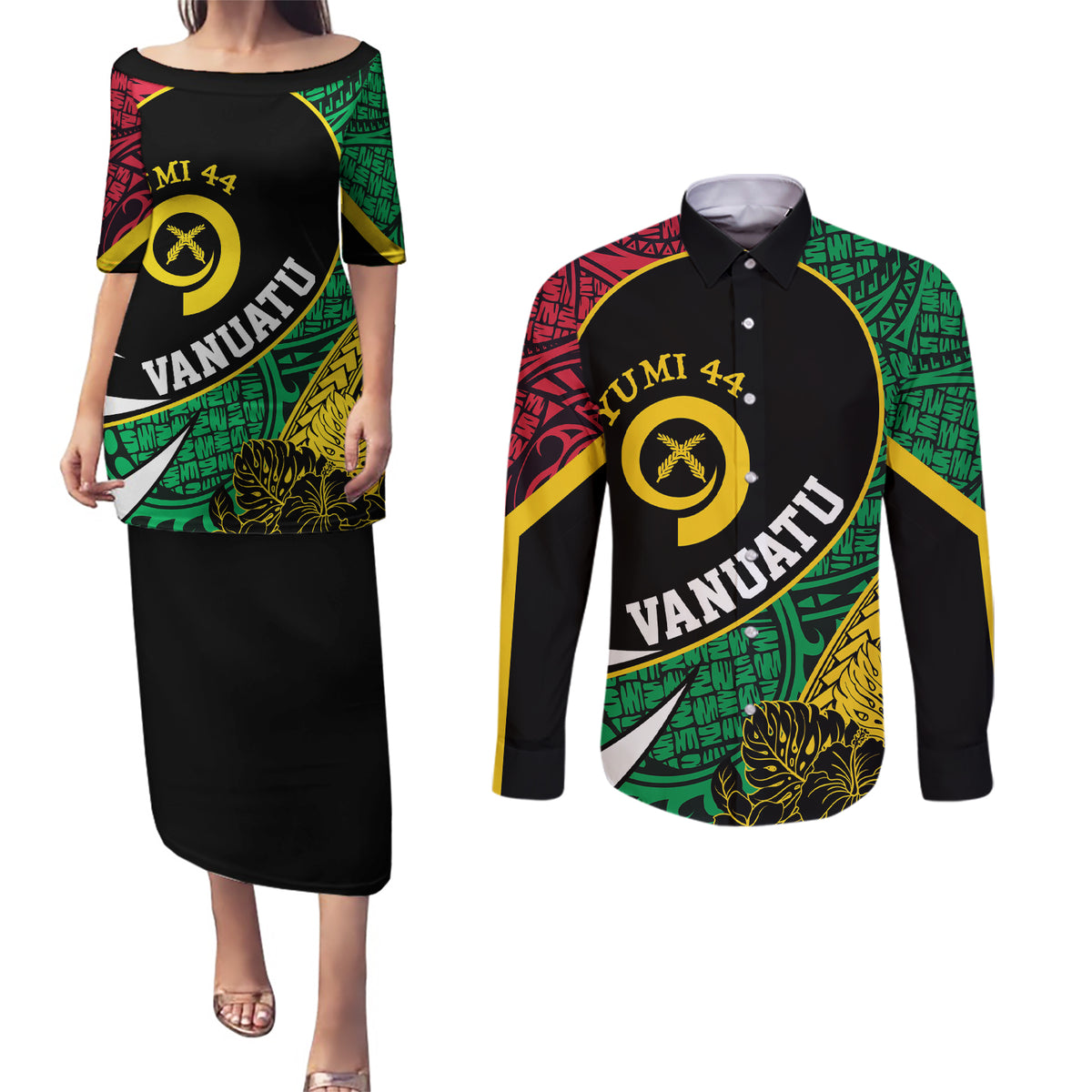 Vanuatu Independence Day Yumi 44 Couples Matching Puletasi and Long Sleeve Button Shirt