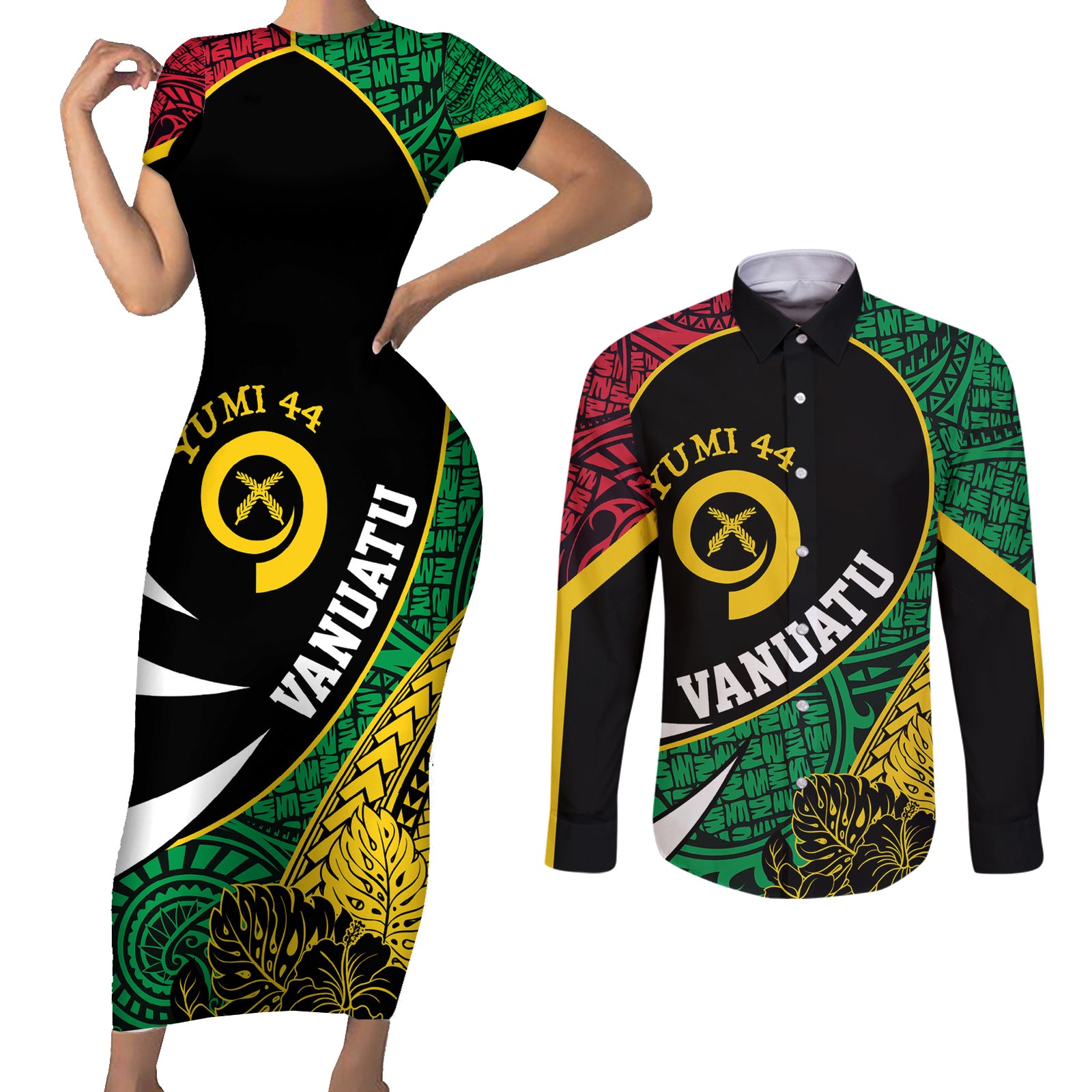 Vanuatu Independence Day Yumi 44 Couples Matching Short Sleeve Bodycon Dress and Long Sleeve Button Shirt