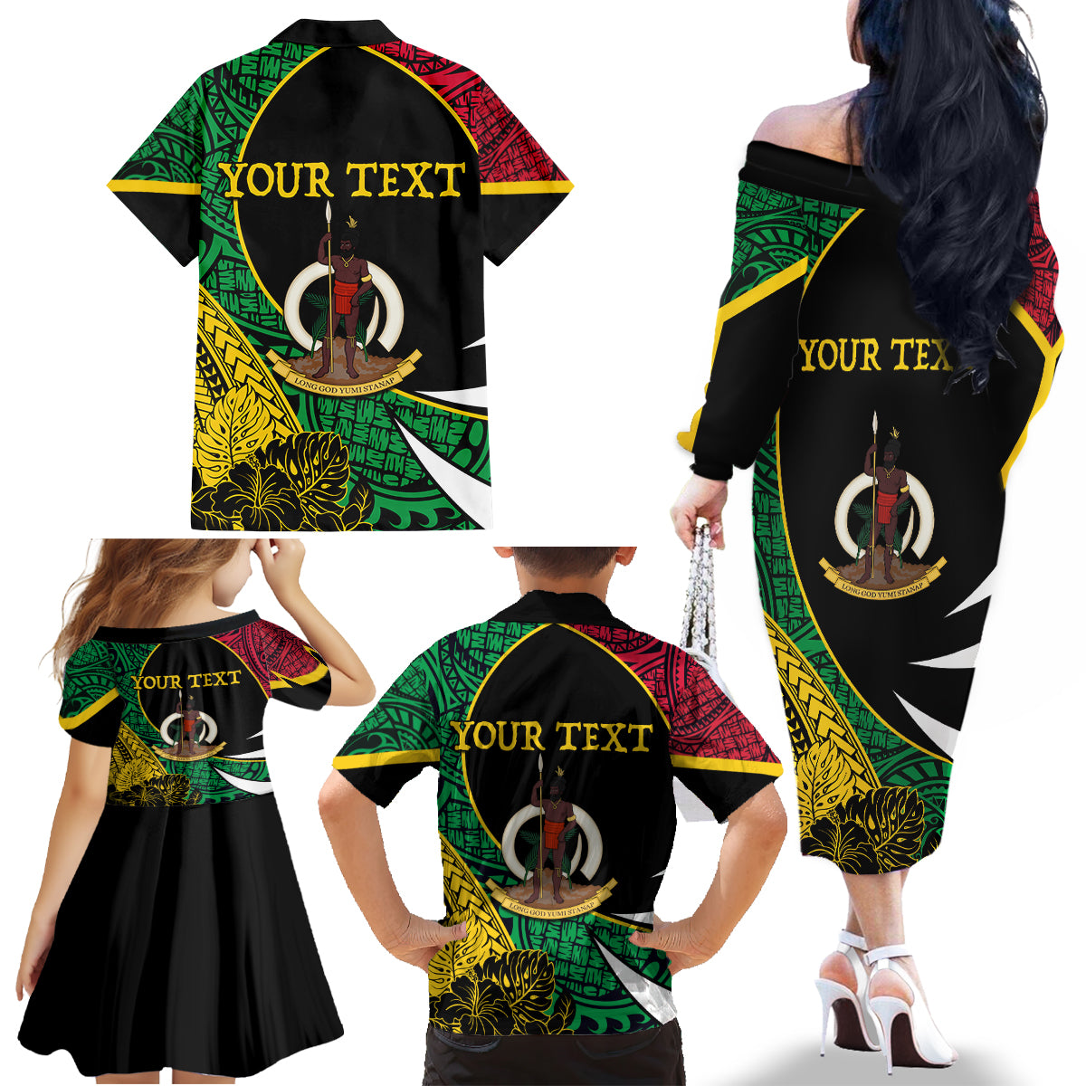 Vanuatu Independence Day Yumi 44 Family Matching Off The Shoulder Long Sleeve Dress and Hawaiian Shirt LT7 - Polynesian Pride