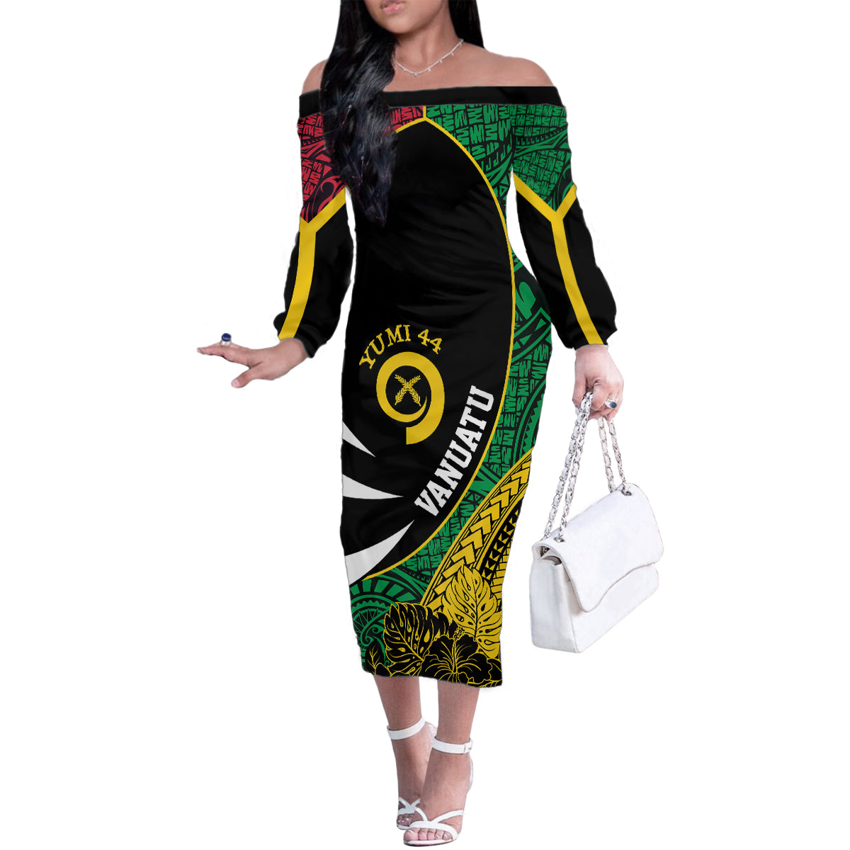 Vanuatu Independence Day Yumi 44 Family Matching Off The Shoulder Long Sleeve Dress and Hawaiian Shirt LT7 Mom's Dress Colorful - Polynesian Pride