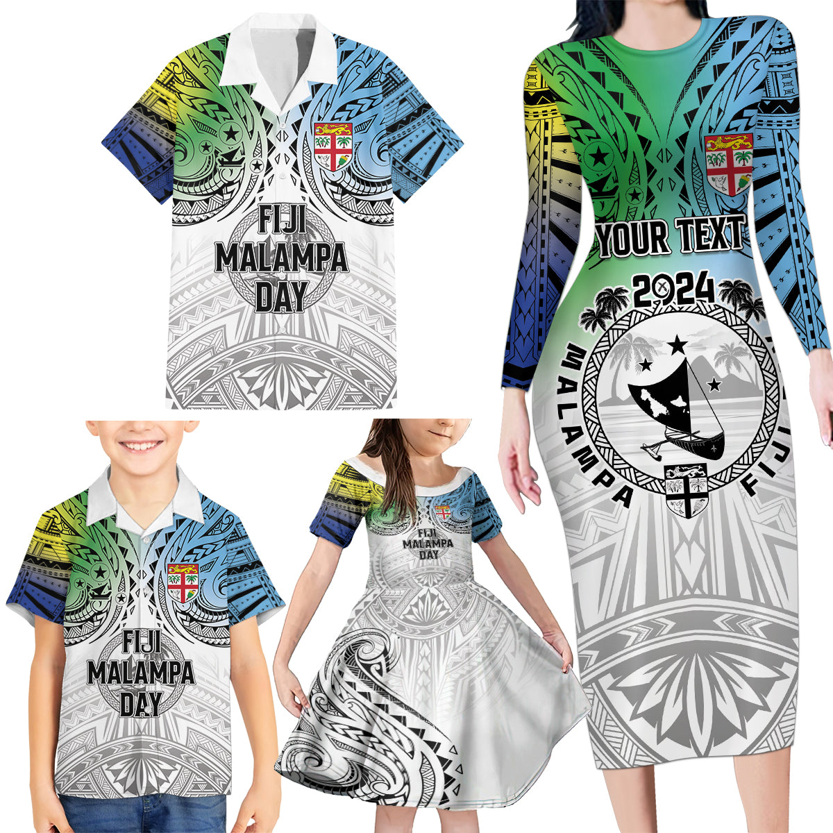 Malampa Fiji Day Family Matching Long Sleeve Bodycon Dress and Hawaiian Shirt Gradient Style LT7 - Polynesian Pride