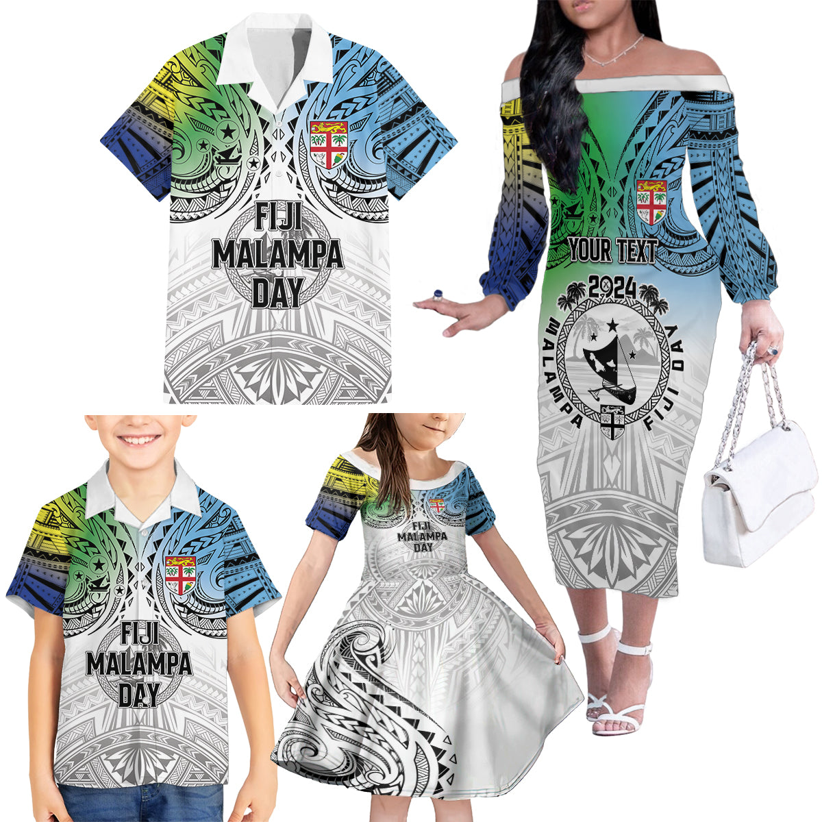 Malampa Fiji Day Family Matching Off The Shoulder Long Sleeve Dress and Hawaiian Shirt Gradient Style LT7 - Polynesian Pride