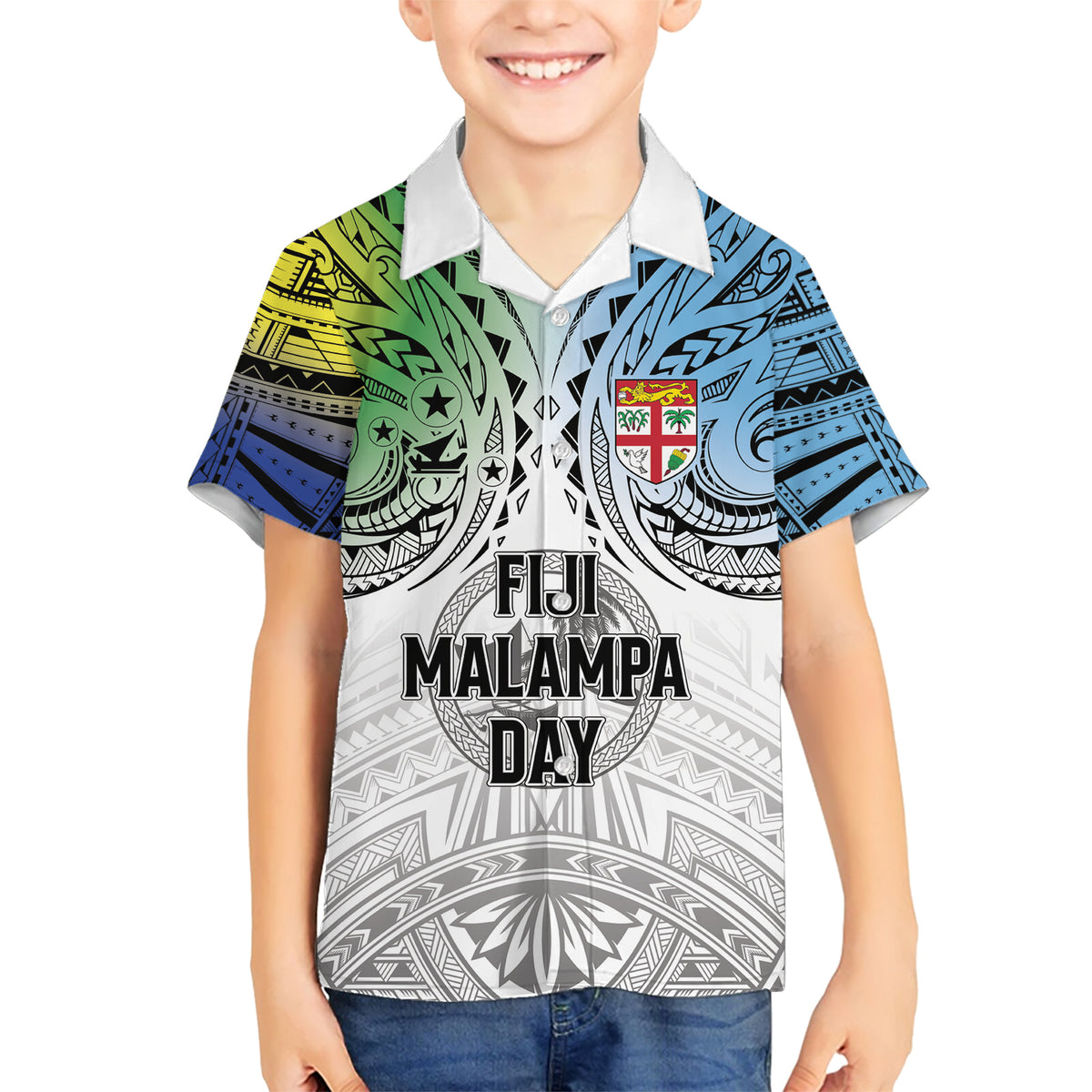 Malampa Fiji Day Family Matching Short Sleeve Bodycon Dress and Hawaiian Shirt Gradient Style LT7 Son's Shirt White - Polynesian Pride
