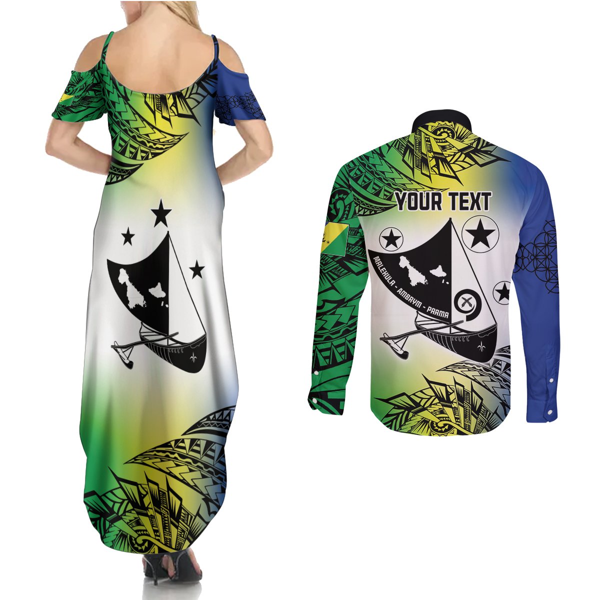 Malampa Day Couples Matching Summer Maxi Dress and Long Sleeve Button Shirt Emblem Gradient Style