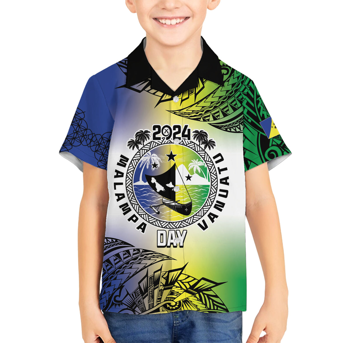 Malampa Day Family Matching Tank Maxi Dress and Hawaiian Shirt Emblem Gradient Style