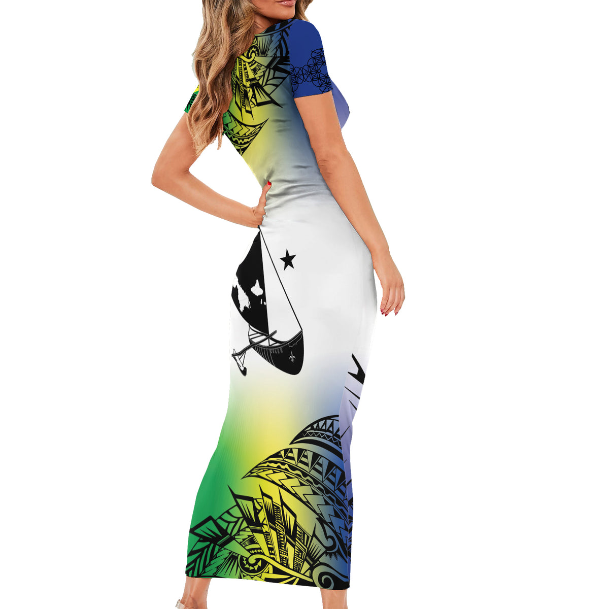 Malampa Day Short Sleeve Bodycon Dress Emblem Gradient Style