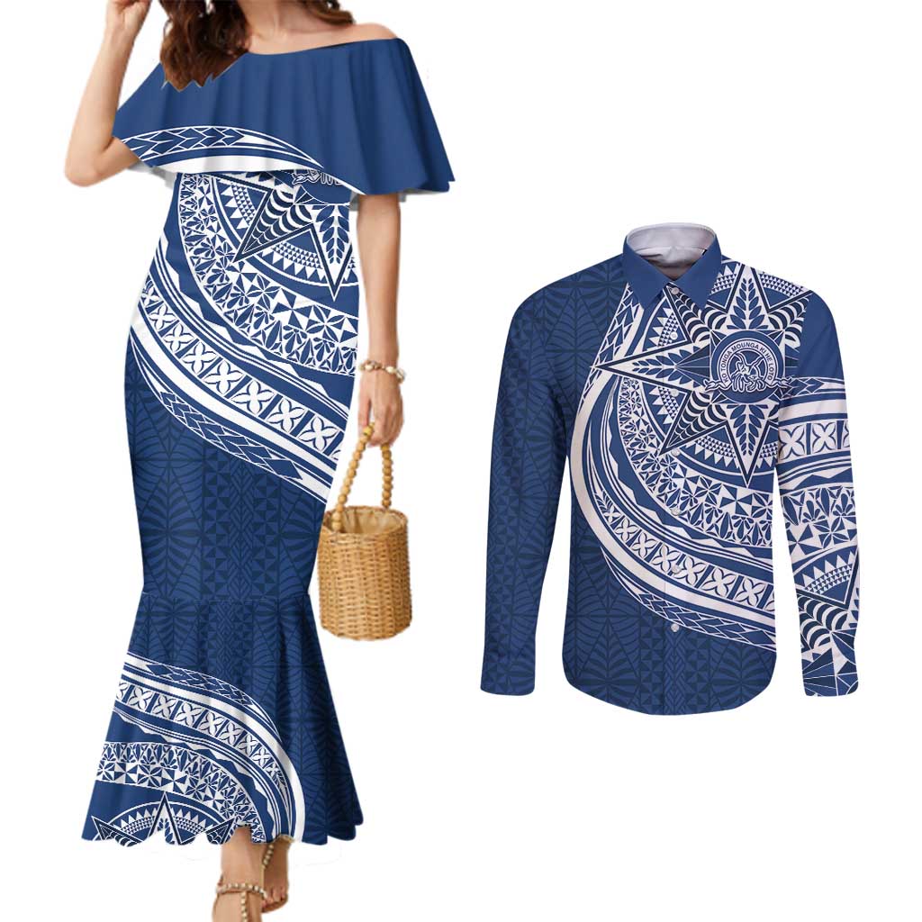 Tonga Queen Salote College Personalized Couples Matching Mermaid Dress and Long Sleeve Button Shirt Ngatu Tokelaufeletoa Motifs LT7 Navy Blue - Polynesian Pride