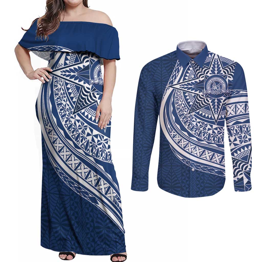 Tonga Queen Salote College Personalized Couples Matching Off Shoulder Maxi Dress and Long Sleeve Button Shirt Ngatu Tokelaufeletoa Motifs