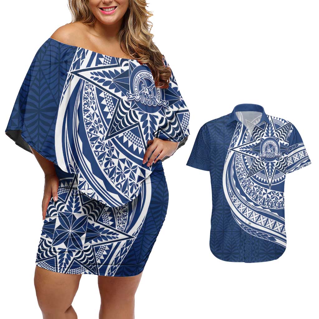 Tonga Queen Salote College Personalized Couples Matching Off Shoulder Short Dress and Hawaiian Shirt Ngatu Tokelaufeletoa Motifs LT7 Navy Blue - Polynesian Pride