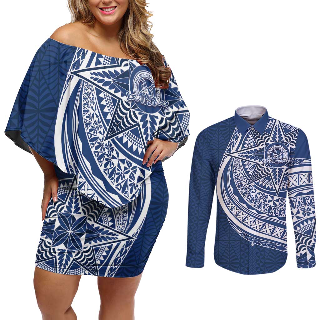 Tonga Queen Salote College Personalized Couples Matching Off Shoulder Short Dress and Long Sleeve Button Shirt Ngatu Tokelaufeletoa Motifs