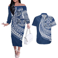 Tonga Queen Salote College Personalized Couples Matching Off The Shoulder Long Sleeve Dress and Hawaiian Shirt Ngatu Tokelaufeletoa Motifs LT7 Navy Blue - Polynesian Pride