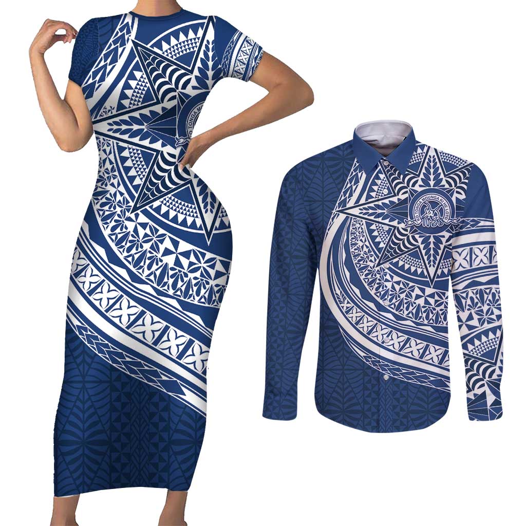 Tonga Queen Salote College Personalized Couples Matching Short Sleeve Bodycon Dress and Long Sleeve Button Shirt Ngatu Tokelaufeletoa Motifs LT7 Navy Blue - Polynesian Pride