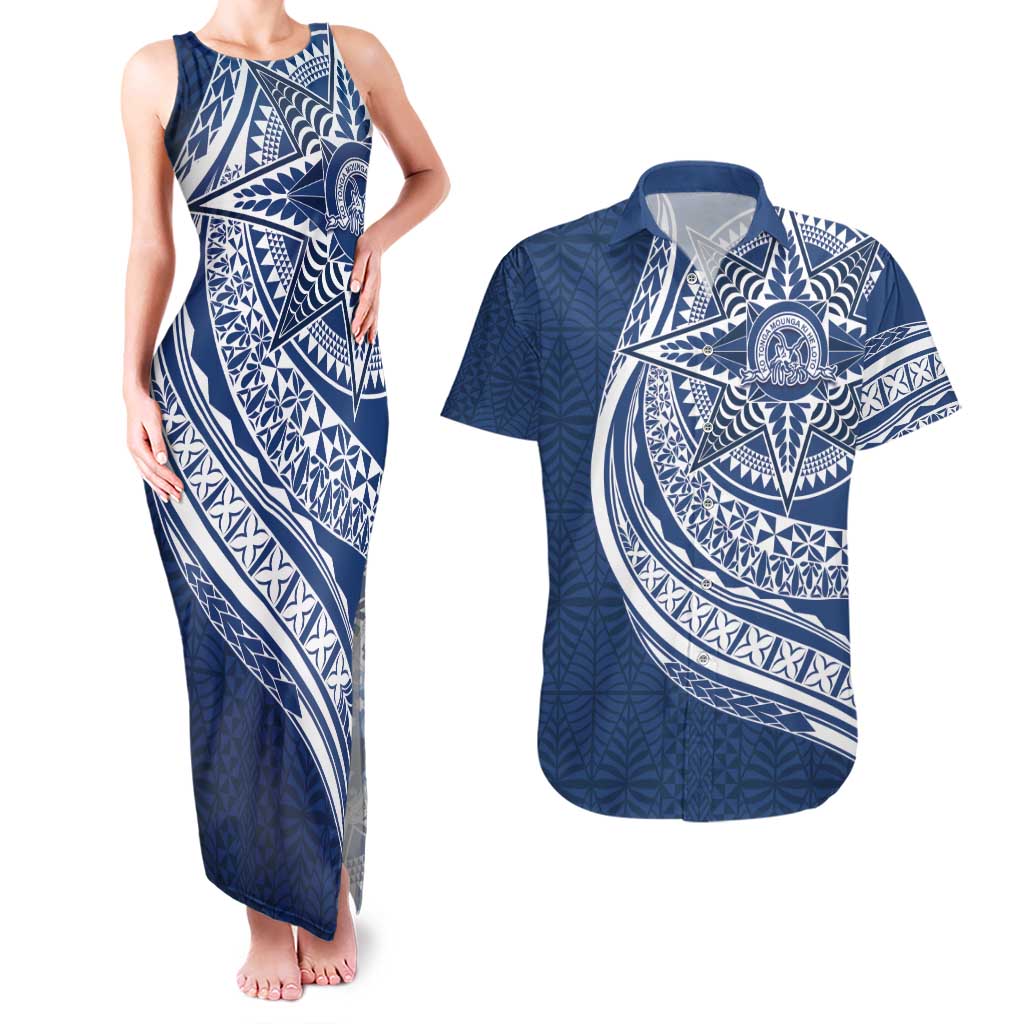 Tonga Queen Salote College Personalized Couples Matching Tank Maxi Dress and Hawaiian Shirt Ngatu Tokelaufeletoa Motifs LT7 Navy Blue - Polynesian Pride