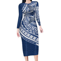 Tonga Queen Salote College Personalized Family Matching Long Sleeve Bodycon Dress and Hawaiian Shirt Ngatu Tokelaufeletoa Motifs LT7 Mom's Dress Navy Blue - Polynesian Pride