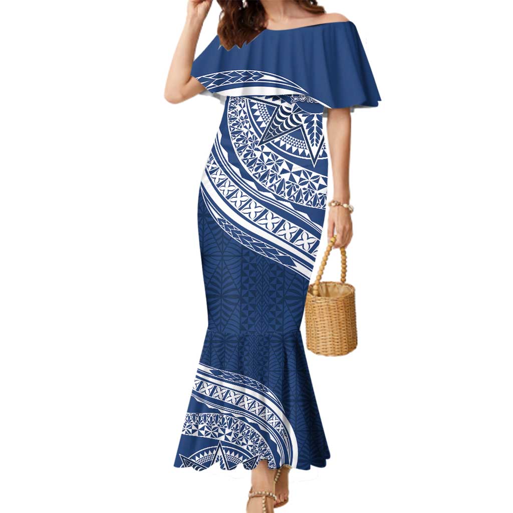 Tonga Queen Salote College Personalized Family Matching Mermaid Dress and Hawaiian Shirt Ngatu Tokelaufeletoa Motifs LT7 Mom's Dress Navy Blue - Polynesian Pride