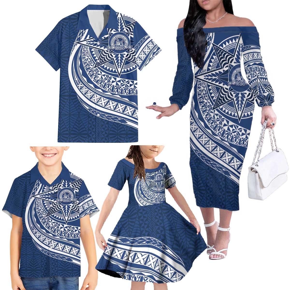 Tonga Queen Salote College Personalized Family Matching Off The Shoulder Long Sleeve Dress and Hawaiian Shirt Ngatu Tokelaufeletoa Motifs LT7 - Polynesian Pride