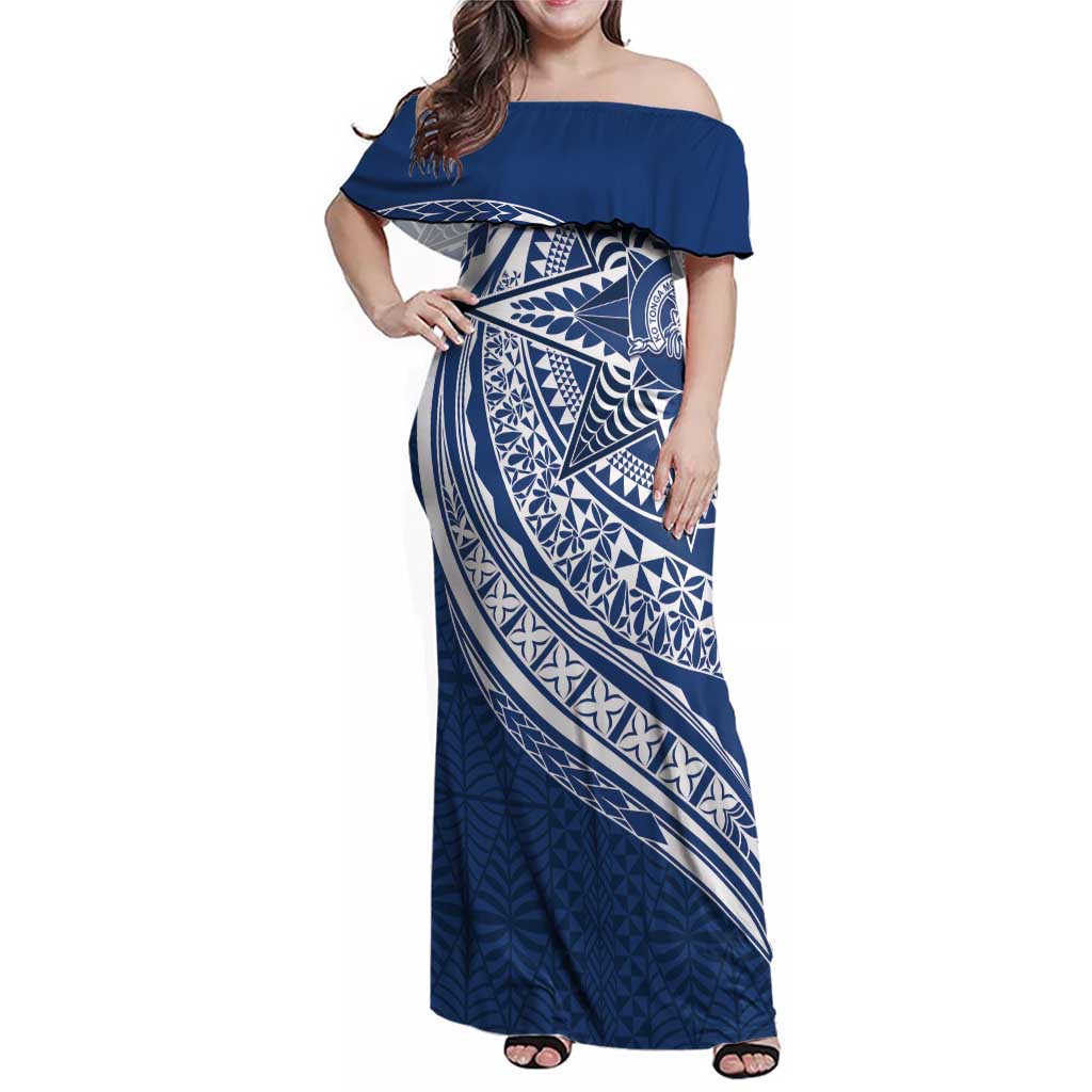 Tonga Queen Salote College Personalized Family Matching Off Shoulder Maxi Dress and Hawaiian Shirt Ngatu Tokelaufeletoa Motifs LT7 Mom's Dress Navy Blue - Polynesian Pride