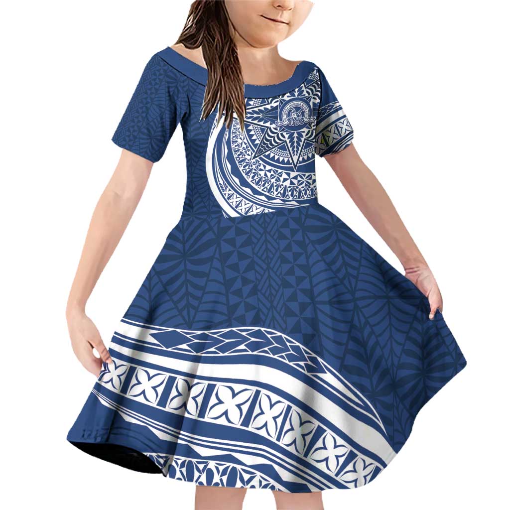 Tonga Queen Salote College Personalized Family Matching Off Shoulder Short Dress and Hawaiian Shirt Ngatu Tokelaufeletoa Motifs LT7 Daughter's Dress Navy Blue - Polynesian Pride