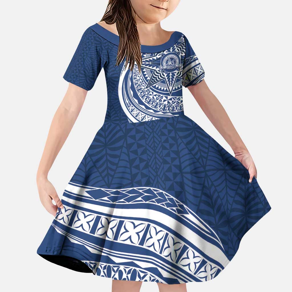 Tonga Queen Salote College Personalized Family Matching Puletasi and Hawaiian Shirt Ngatu Tokelaufeletoa Motifs LT7 Daughter's Dress Navy Blue - Polynesian Pride