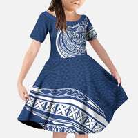 Tonga Queen Salote College Personalized Family Matching Puletasi and Hawaiian Shirt Ngatu Tokelaufeletoa Motifs LT7 Daughter's Dress Navy Blue - Polynesian Pride