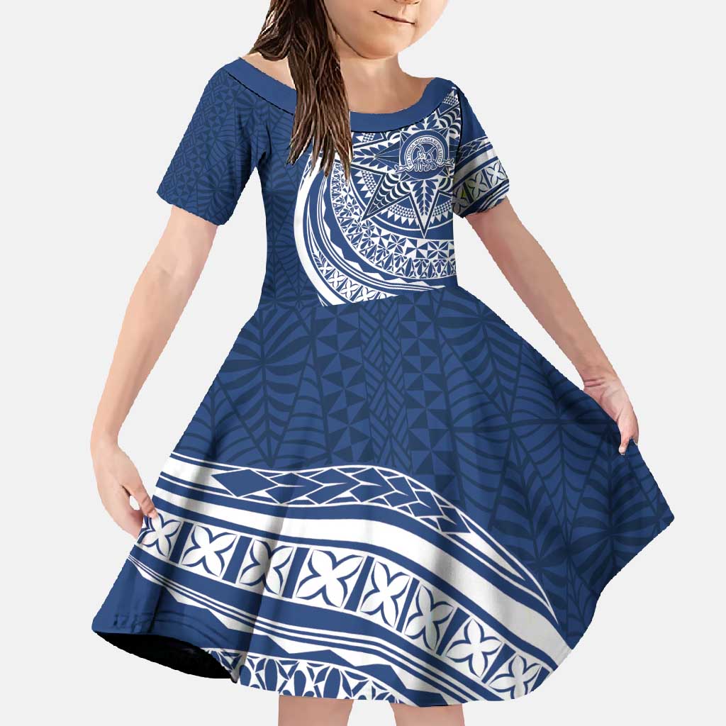 Tonga Queen Salote College Personalized Family Matching Short Sleeve Bodycon Dress and Hawaiian Shirt Ngatu Tokelaufeletoa Motifs LT7 Daughter's Dress Navy Blue - Polynesian Pride