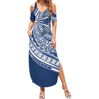 Tonga Queen Salote College Personalized Family Matching Summer Maxi Dress and Hawaiian Shirt Ngatu Tokelaufeletoa Motifs LT7 Mom's Dress Navy Blue - Polynesian Pride