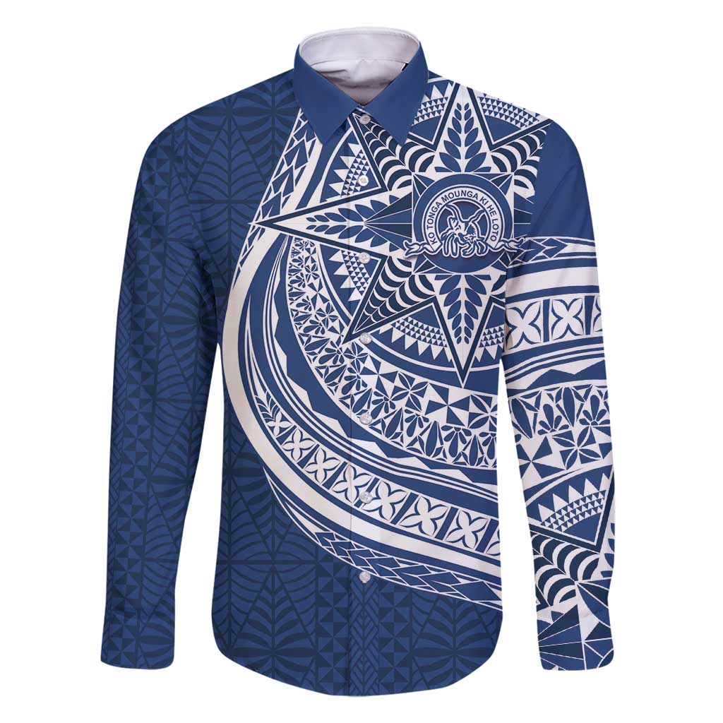 Tonga Queen Salote College Personalized Family Matching Tank Maxi Dress and Hawaiian Shirt Ngatu Tokelaufeletoa Motifs LT7 Dad's Shirt - Long Sleeve Navy Blue - Polynesian Pride