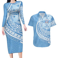 Tonga Apifo'ou Kolisi Personalized Couples Matching Long Sleeve Bodycon Dress and Hawaiian Shirt Ngatu Tokelaufeletoa Motifs LT7 Light Blue - Polynesian Pride