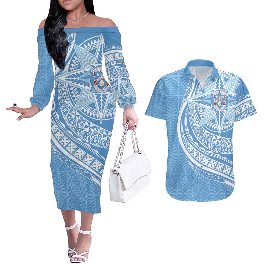 Tonga Apifo'ou Kolisi Personalized Couples Matching Off The Shoulder Long Sleeve Dress and Hawaiian Shirt Ngatu Tokelaufeletoa Motifs LT7 Light Blue - Polynesian Pride